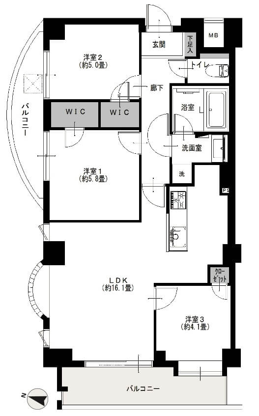 ジェイパーク戸越銀座ブランシェール201の間取図|3LDK・69.15㎡|戸越銀座駅徒歩4分