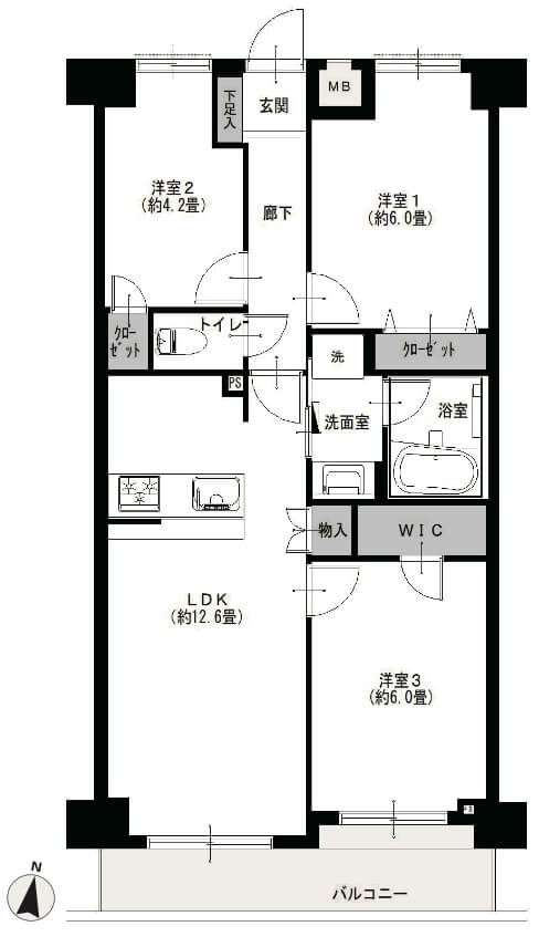 朝日シティパリオ三ノ輪1303の間取図|3LDK・63.21㎡|三ノ輪駅徒歩3分|台東区三ノ輪