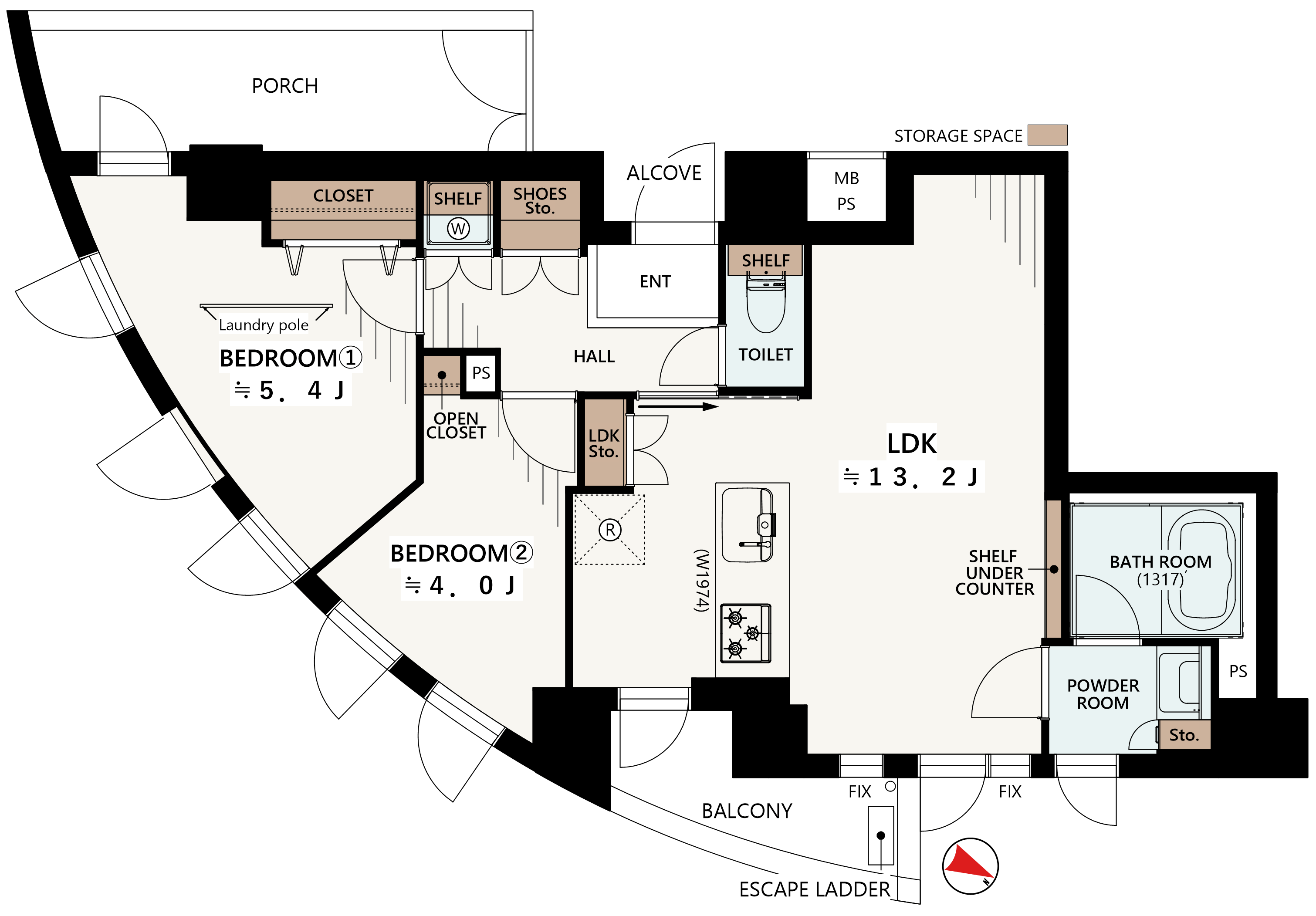 ジェイパーク中目黒Ⅳ1001の間取図|2LDK・54.73㎡|中目黒駅徒歩11分|目黒区中目黒
