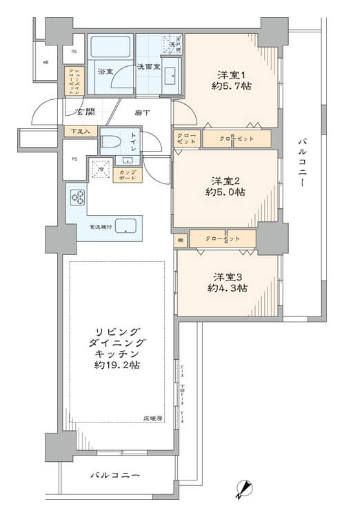 ファミール月島グランスイートタワー1901の間取図|3LDK・75.44㎡|月島駅徒歩1分|中央区佃