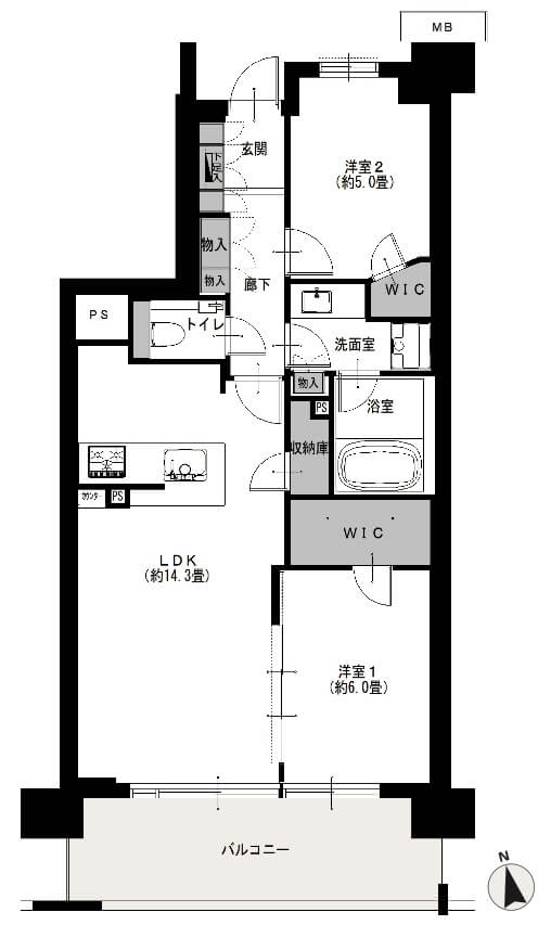 蘆花公園ザ・レジデンスフォレストコート216の間取図|2LDK・62.10㎡|芦花公園駅徒歩6分|世田谷区粕谷